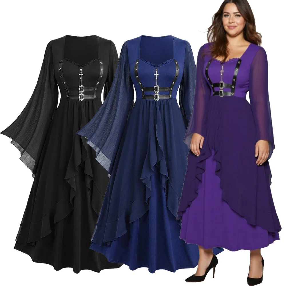 فساتين طويلة للنساء من ROSEGAL مقاس كبير بسحاب متقاطع وحزام من البولي يوريثان وإبزيم شيفون وأكمام مضيئة وكشكشة فستان ماكسي 5XL #1