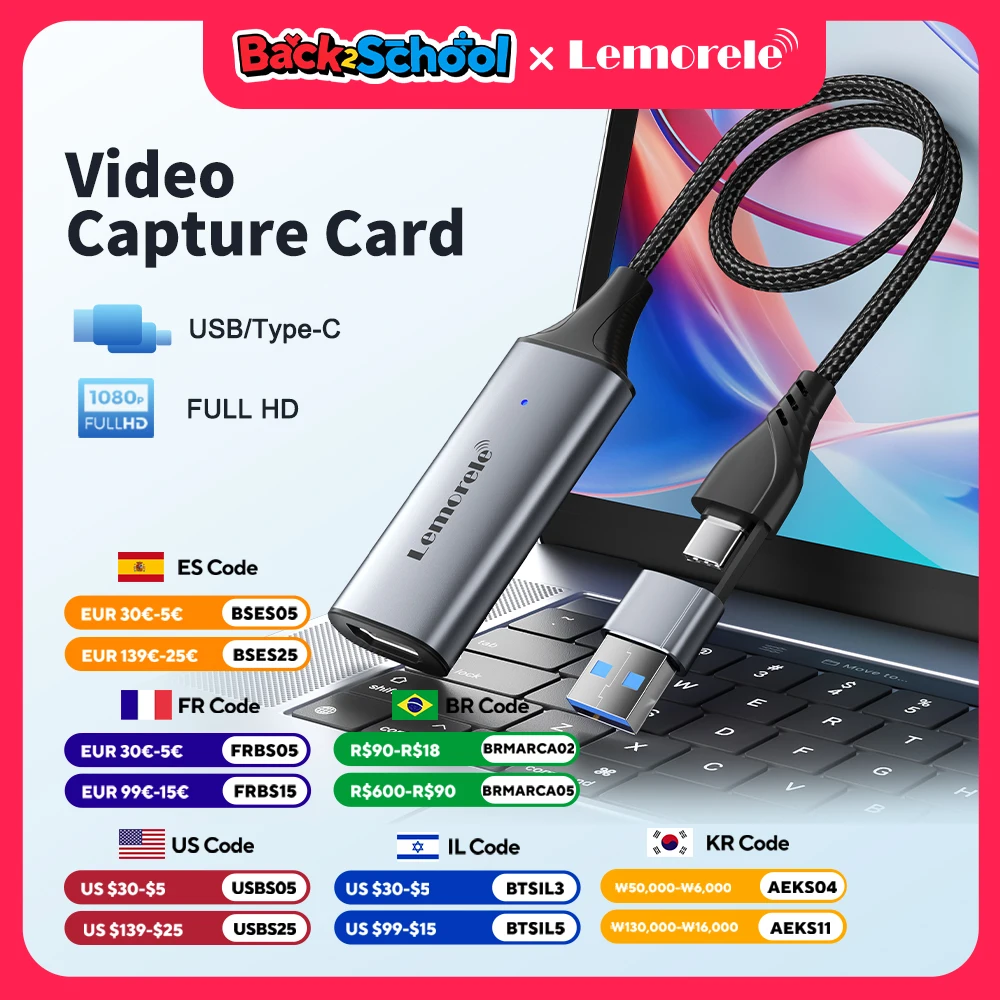 

Lemorele USB 2.0 Карта видеозахвата HDMI-совместимая с USB/Type-c Game Grabber Record ms2130 для коммутатора Xbox PS4/5 Live Broadcas