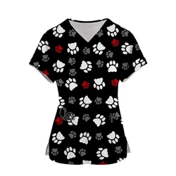 Pet paw print frosted top women's pocket V-neck frosted uniform pet beauty nurse spa care shirt uniform