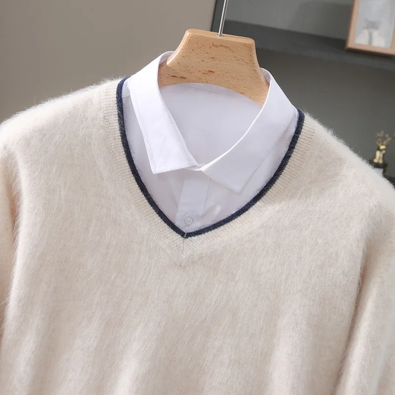 جديد الخريف/الشتاء سترة صوفية للرجال 100% المنك الكشمير الخامس الرقبة البلوز سترة ، فضفاض المتضخم محبوك قاعدة ، سترة دافئة