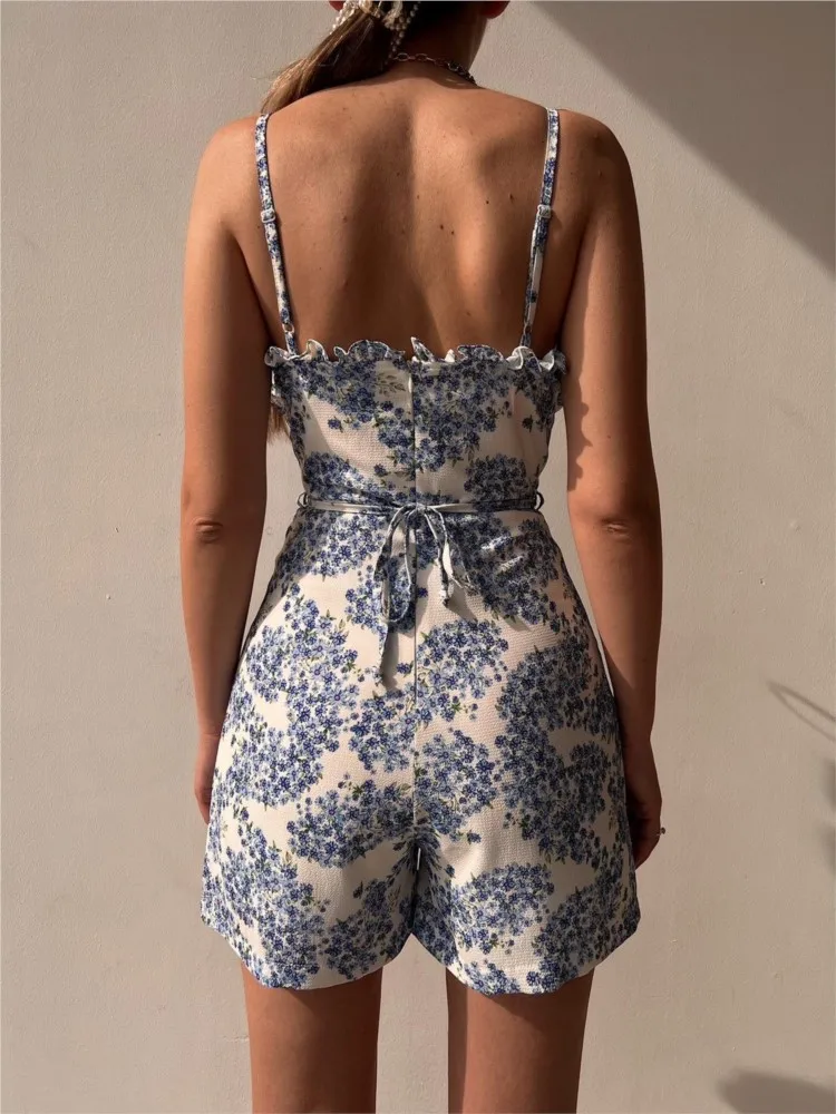 Sommer sexy V-Ausschnitt Spaghetti träger Damen Overall Mode Blumen druck ärmellose Schnür spiel anzug elegante Strand overalls