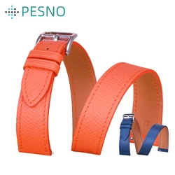 PESNO Suitable for Hermes HEURE HW036801 Wrist Genuine Calf Skin Leather Double Tour Watch Bands Lady Fashion Straps with Buckle