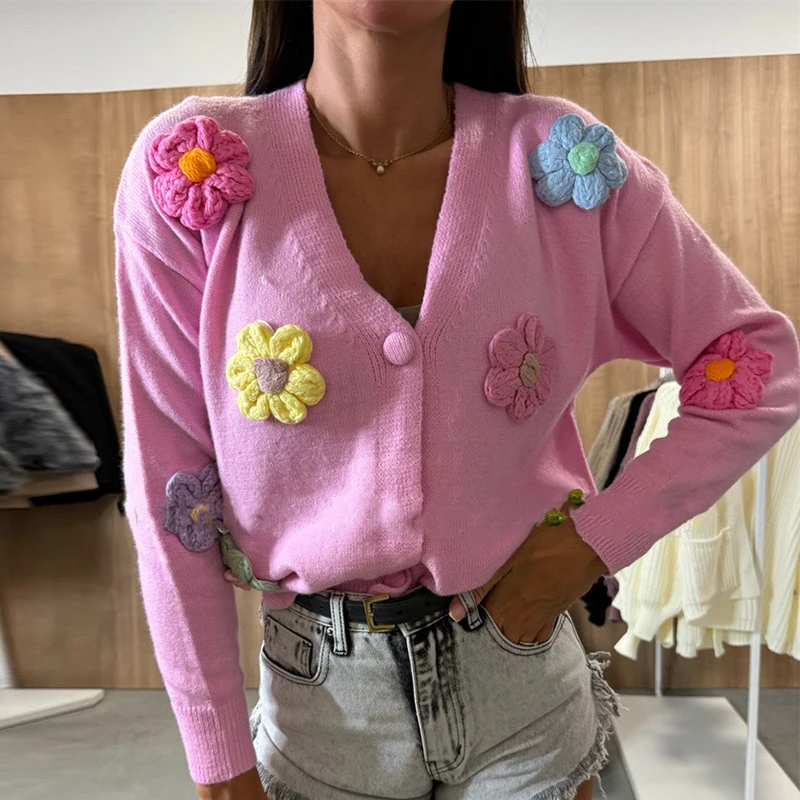 

Women Sexy V Neck Open Button Jumpers Top 2024 Casual Long Sleeve Loose Knit Cardigan Autumn Winter Colorful Floral Sweater