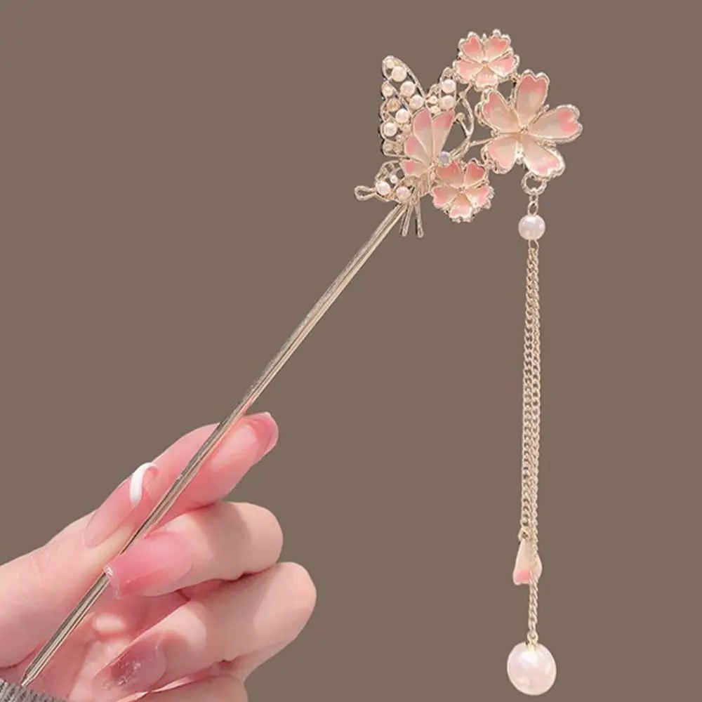 

Hair Ornaments Romantic Cherry Blossom Hair Sticks Vintage Pink Hanfu Headwear Sweet Pearl Tassel Hair Clips Hanfu