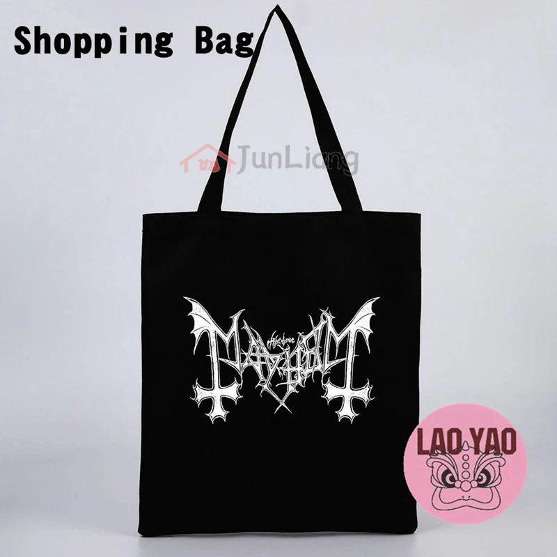 Mayhem-Bolso de mano con banda de Metal para mujer, bolsa de tela de lona, color negro, estilo universitario, para compras