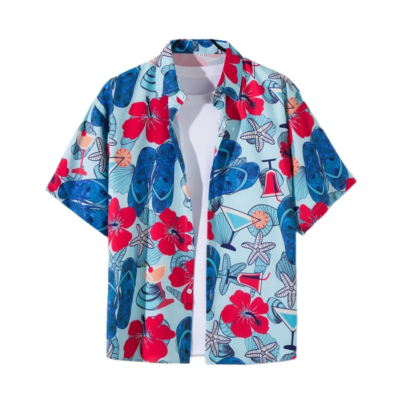 

Summer Men's Seaside Vacation Travel Short Sleeve Flower Shirt Loose Handsome Retro Hawaiian Beach Casual Floral Shirt Coat