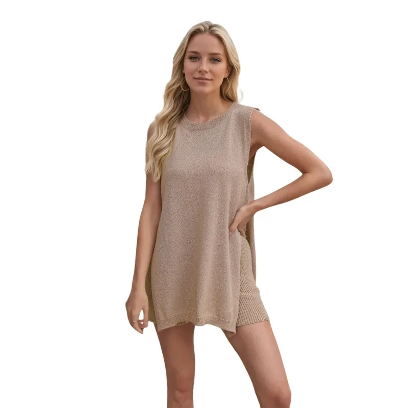 ‌ 2025, Sommer-Set für Damen, locker gestrickt, Tank-Top und Shorts, lässiges, ärmelloses Outfit mit Rundhalsausschnitt (Temu Bestseller)