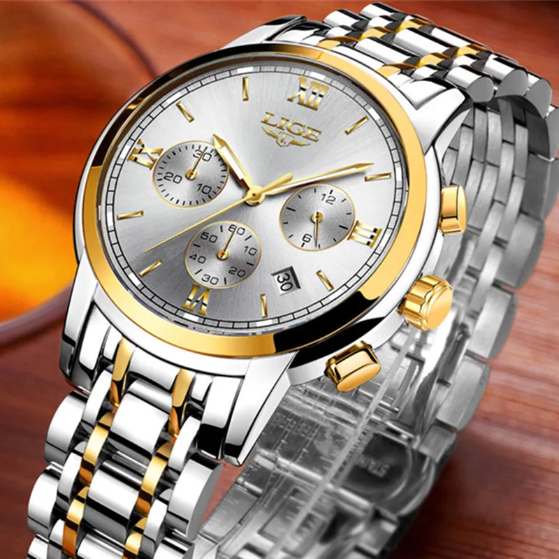 LIGE Men Watches Top Luxury Brand Full Steel Waterproof Sport Quartz Watch Men Fashion Date Clock Chronograph Relogio Masculino