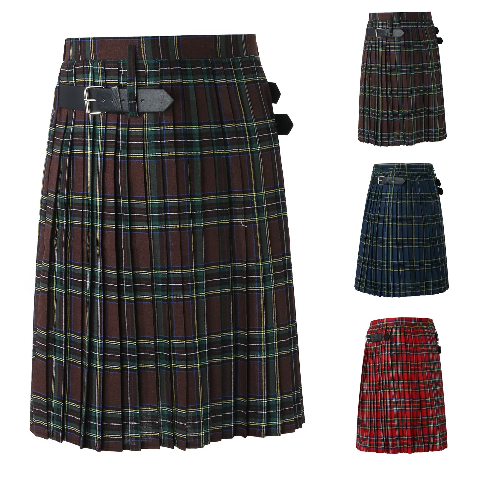 Men Pleated plaid Skirt Kilt Gothic Punk Fashion Casual Scottish Style Plaid Contrast Pocket Denim Ribbon Plus Size Cosplay