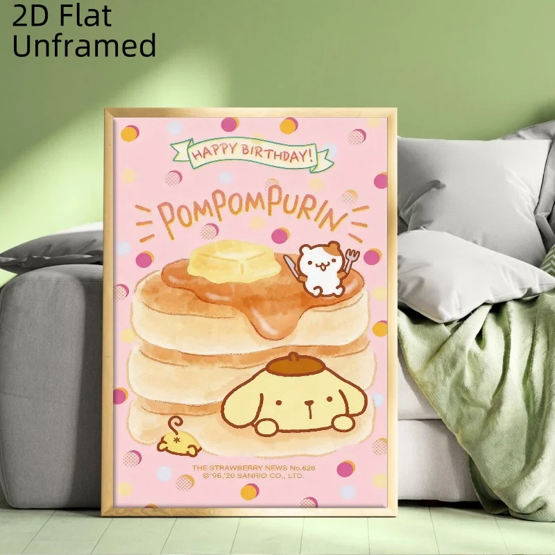 2027 2DFlat, , 1pc Unframed  Cute Sanrio Pompompurin Pink Birthday Themed Posters And Prints, Canvas Painting Wall Art with P