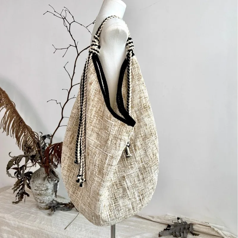 

Hot Selling Woven Tote Bag with Small Fragrant Style Woven Ribbon Splicing Water Bucket Shoulder Tote Bag Handbag