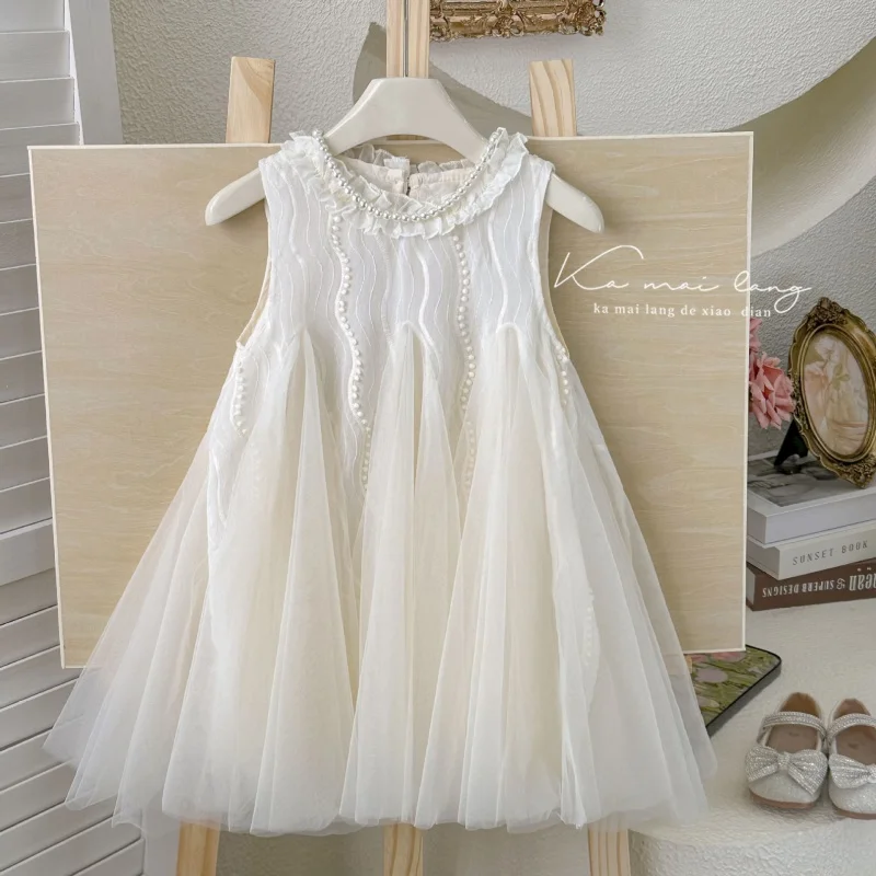 ZLXZ-Girls' Dress2024New Summer High-Grade Children's Beige Super Fairy French Vest Dress Princess Dress Children's Clothing