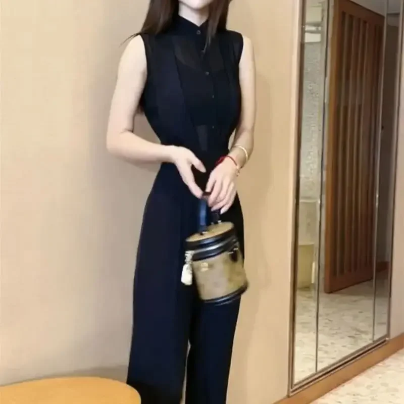 Nuova tuta elegante estiva moda donna camicia slim senza maniche patchwork pantaloni a gamba larga pagliaccetti da donna da ufficio streetwear