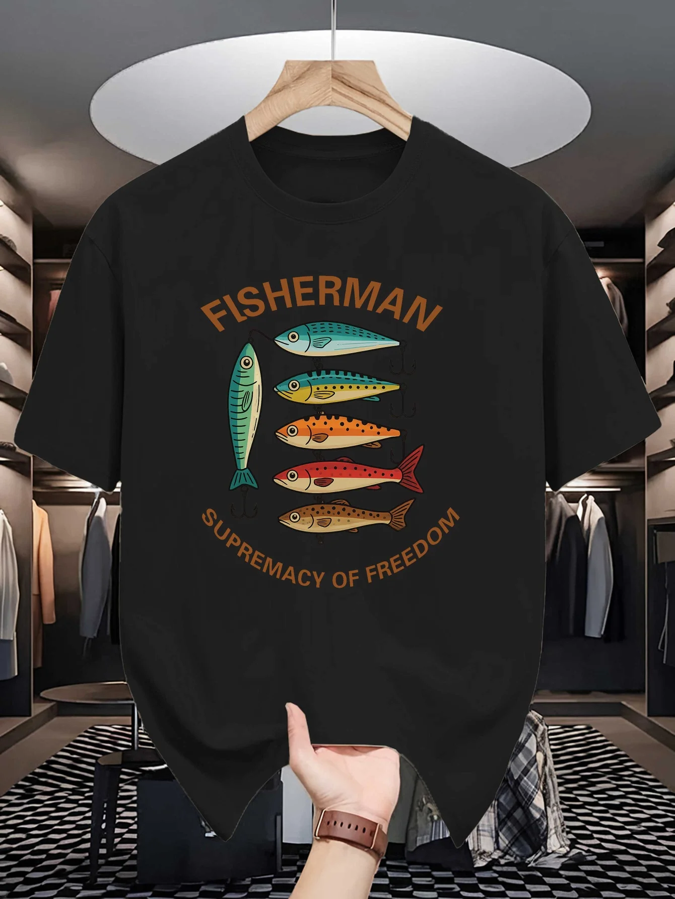 Fisherman Freedom Print Mens Crew Neck T Shirt Colorful Fish Hook Angling Graphic Short Sleeve Casual Cotton Daily Tops