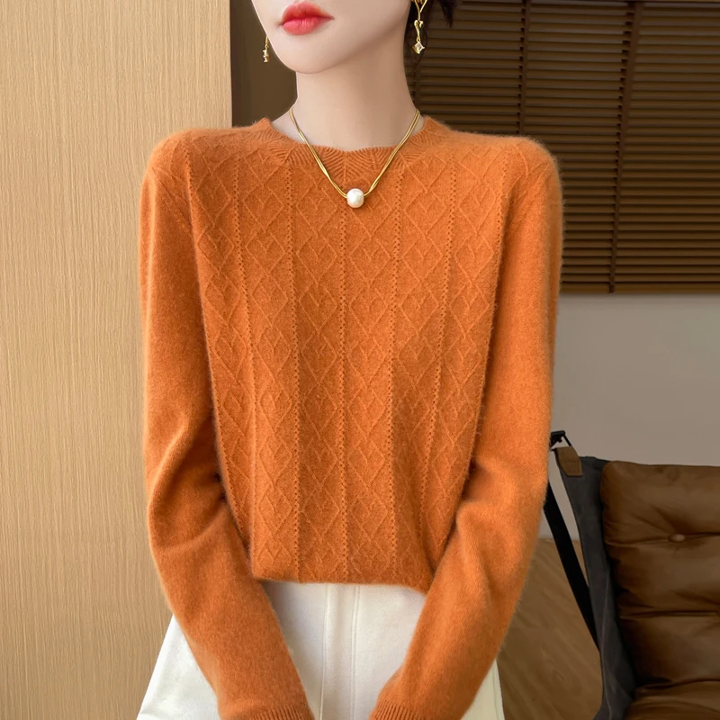 Autumn and winter new 100% Merino wool women's sweater crewneck pullover lozenge jacquard knitted bottom coat