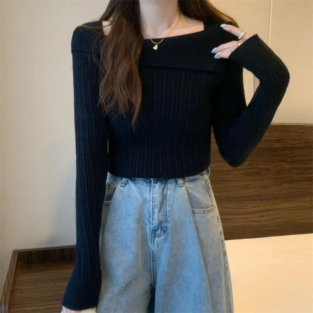 Soft Stretchy T-shirt Elegant Boat Neck Knitted Sweater for Women Soft Warm Pullover Blouse with Irregular Hemline Slim Fit Fall