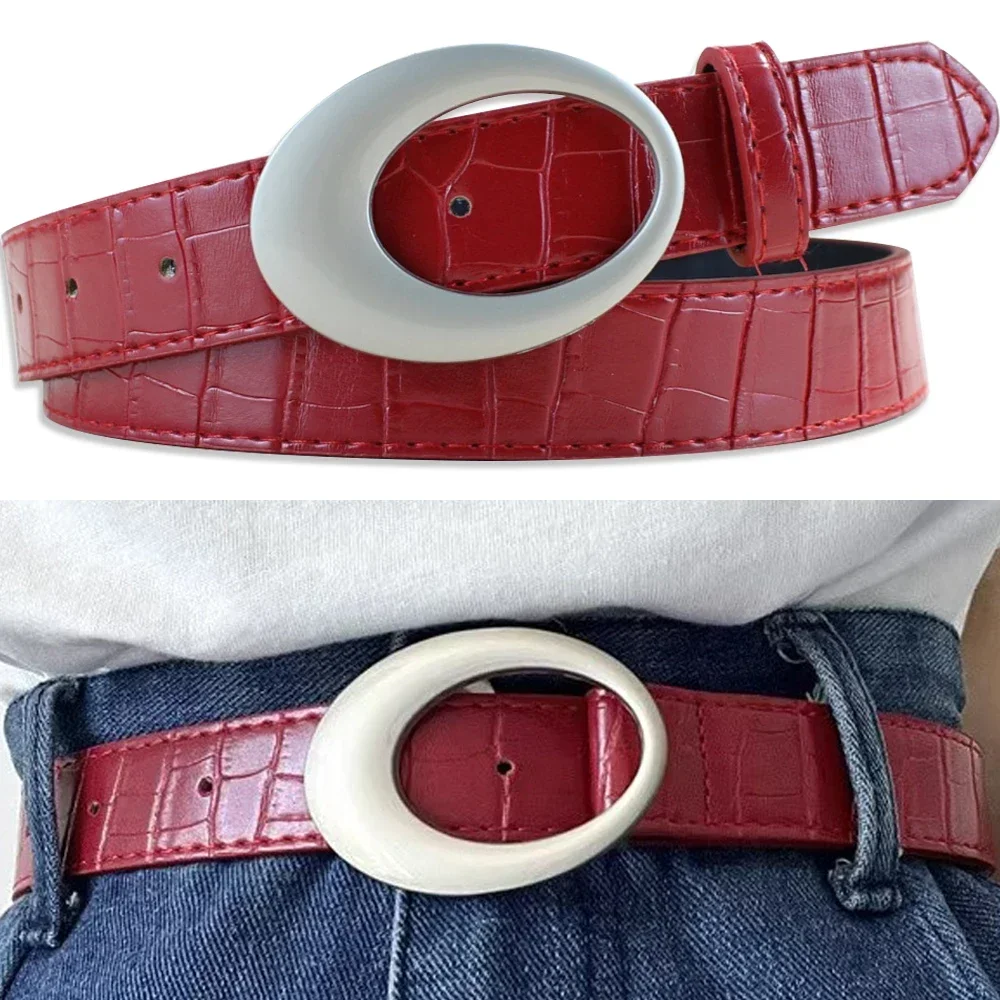 Y2K Women Belt American Vintage Classic Crocodile Pattern Fashion Belt Simple Pin Buckle Red Black Belts Clothing Accessories