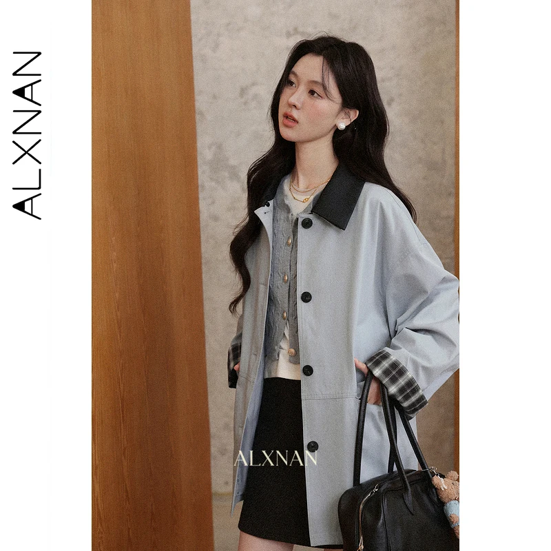 

ALXNAN Mid-length Trench Coat Woman Contrast Lapel Windbreaker Trend 2025 Autumn Winter Casual Loose-fit Female Clothing L57316