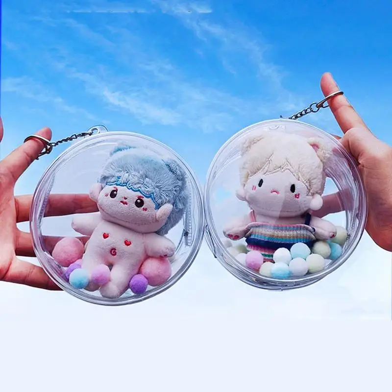 14CM PVC Transparent Bag Keychain Display Bag Storage Case Organizer Box Storage Pouch Wallet Toy Doll Bag With Mini Plush Ball