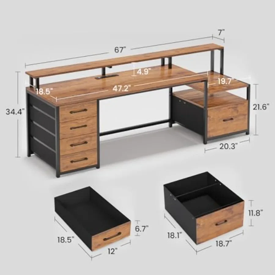 66'' Computer Desk with 5 Drawer, Power Outlet for Home Office Engineered Wood, White Spacious Storage Built-in Charging