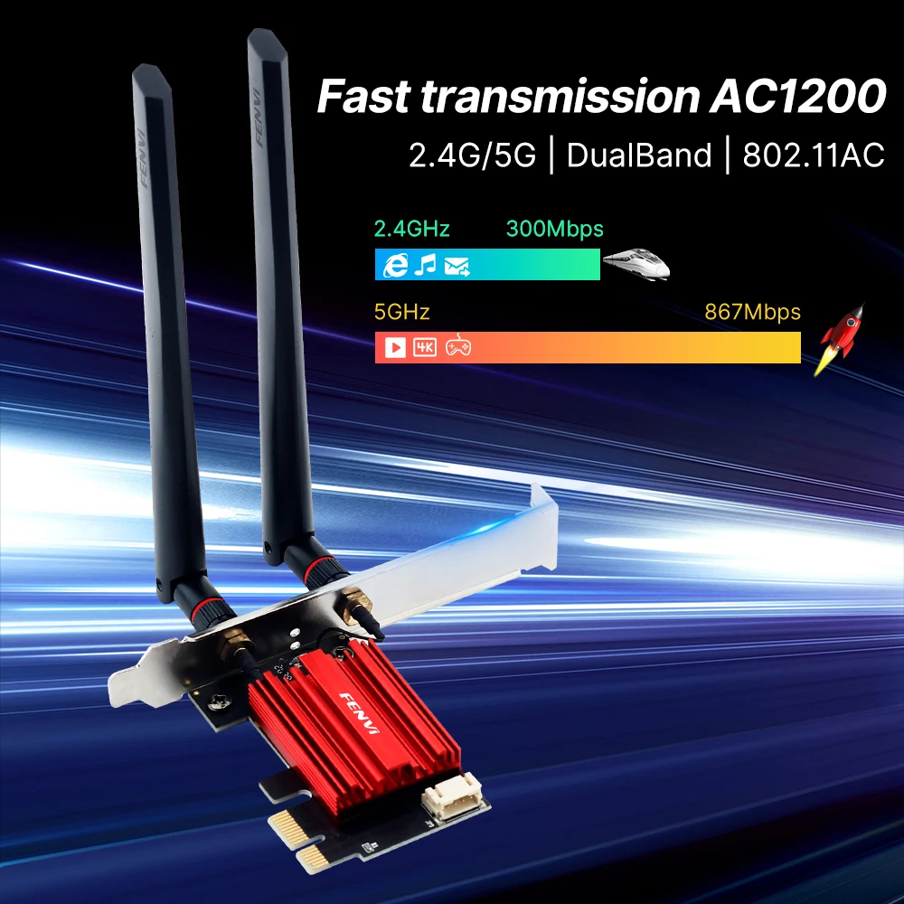 FENVI WiFi 5 AC1200 PCIE WiFi adaptador Bluetooth 4,0 802.11AC tarjeta de red inalámbrica de doble banda 2,4G/5GHz escritorio para Win 7/10/11