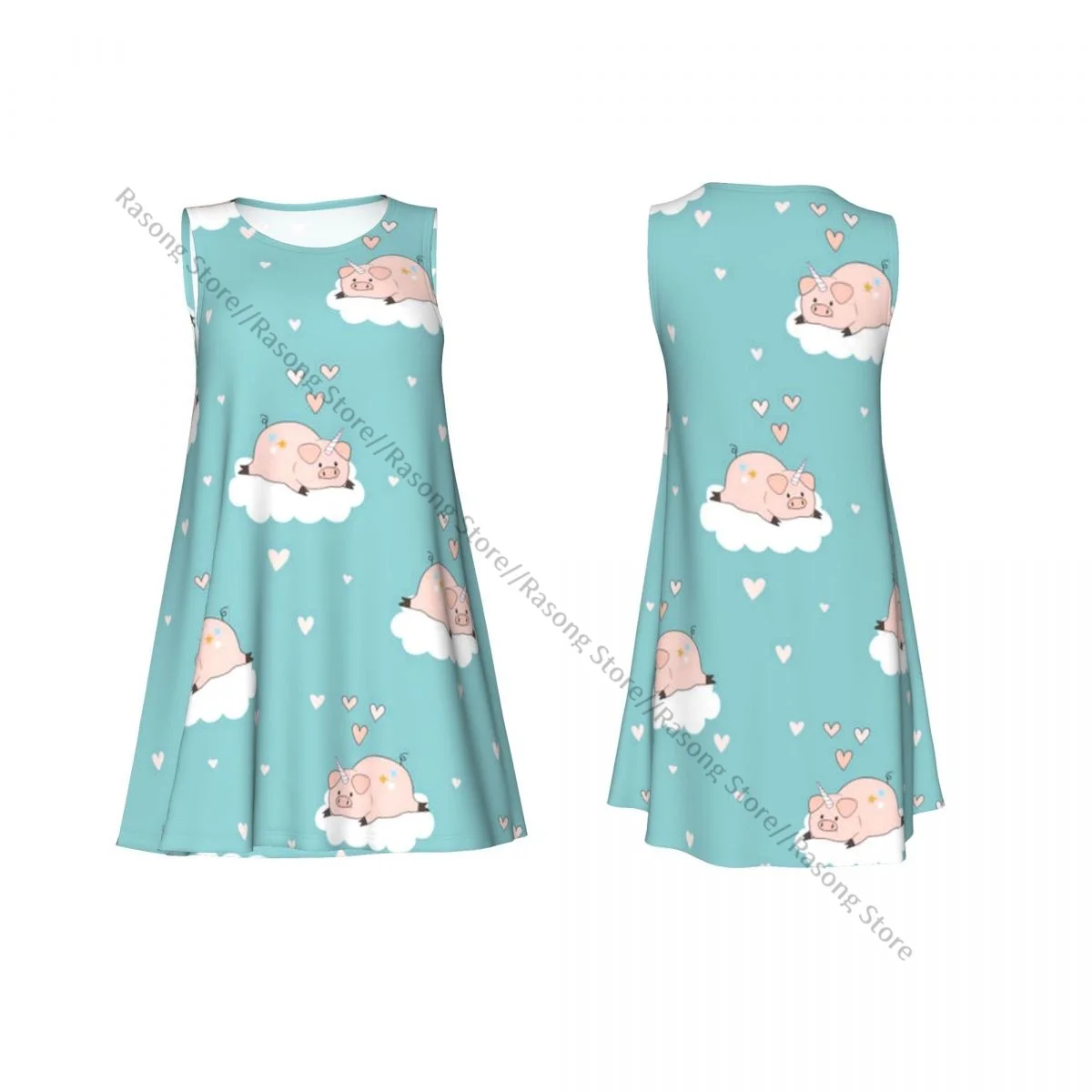 ชุดสตรีฤดูร้อนชุดลําลองเสื้อยืดชายหาดปกคลุมหมูน่ารักยูนิคอร์นรูปแบบชุดถัง