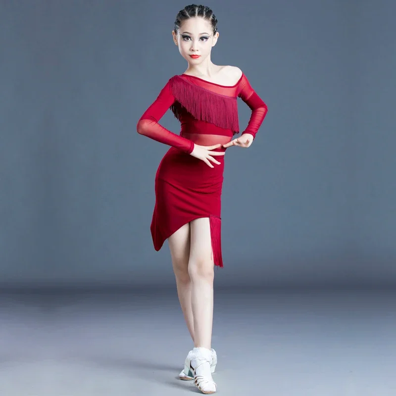 

2024 Fashion Kids Dresses For Girls Latin Dance Ballroom Dance Competition Tassel Long Sleeve Dress Stage Performance Costumes