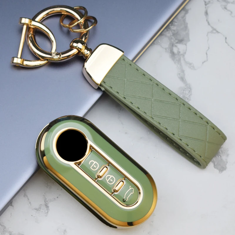 Für Fiat 500 TPU Gold Rand 3 Tasten Auto Flip Folding Key Fall Abdeckung Remote Key Shell Halter Protecor Keychain zubehör