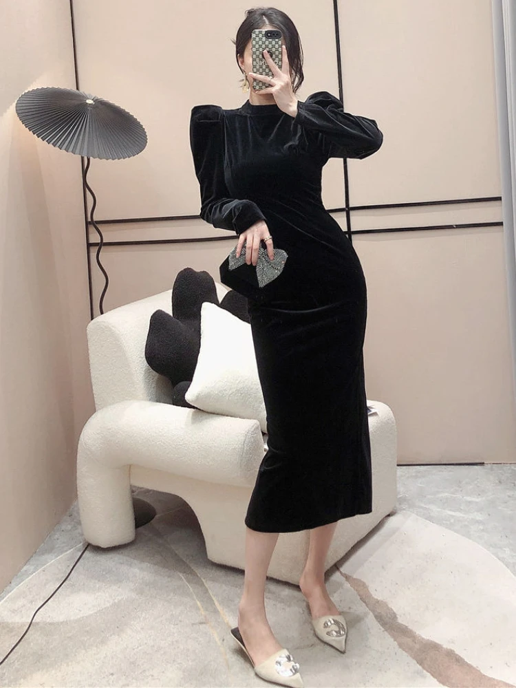 French Black Velvet Long Dresses Women Puff Sleeve Temper Elegant Sexy Bodycon Dress Fashion Classy Ladies Party Gown Vestidos