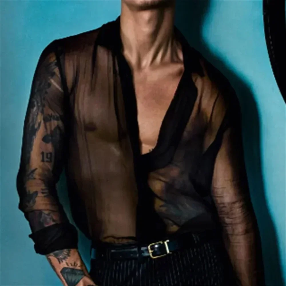 

Mens Casual Sexy Mesh Transparent Tops Long Sleeve See-through Shirts Nightclub Fashion Streetwear Breathable Button-up T-shirts