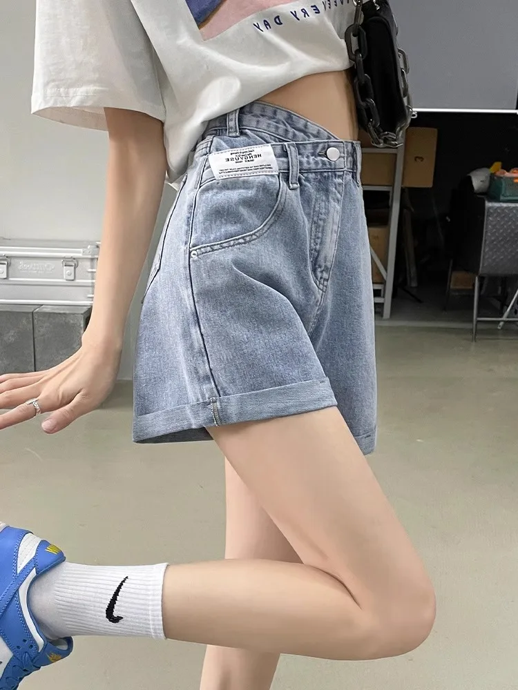 High Waist Cuffed Denim Shorts Women's Summer Slimming Small Size A-Line Spicy Girl Wide Leg Hot Pants Blue Cotton Blend