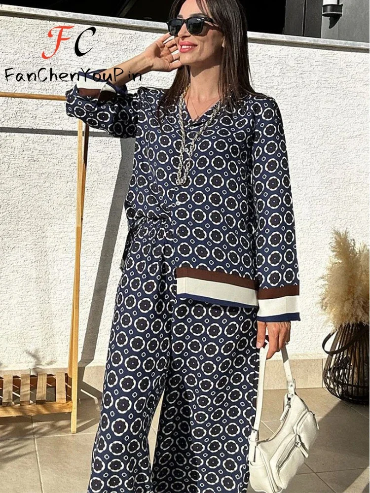 Nuovo Set da donna moda Casual stampa elegante camicia a maniche lunghe pantaloni larghi a vita alta a gamba larga pigro 2 pezzi Set donna