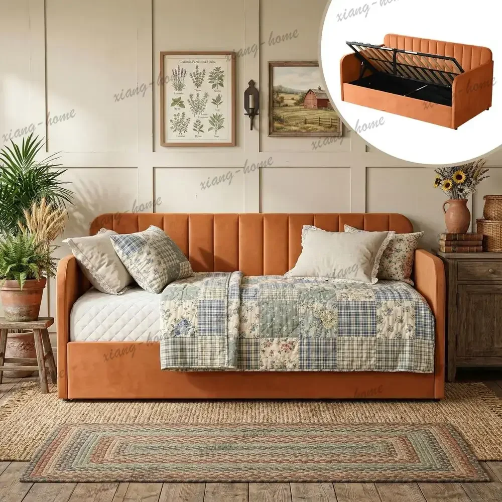 lsDay Bed with Lift Up Storage, Velvet Vertical Tufted Daybed with Storage, Heavy Duty Slats Support, No Box Spring Needed, for