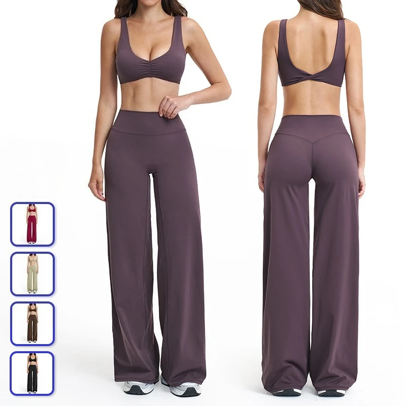 

2Pcs Women yoga outfit Sports Set V-Neck Sports Bra Loose straight-leg pants Fitness Workout Set with Bell-Bottom Pants brushed