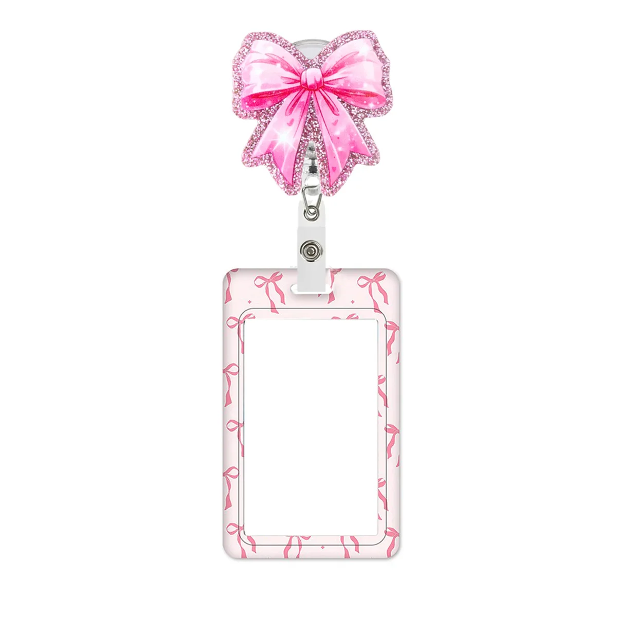 

New Acrylic Pink Bow Badge Holder With Card Cover Retractable Work Card Holder Expansion Buckle Easy Pull Work Card Cover