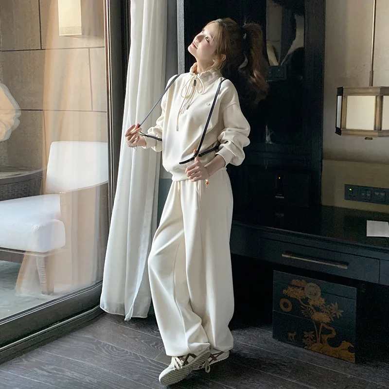 

Осень 2023, новая мода, спортивный однотонный комплект из двух предметов, дизайн воротника-стойки, пуловер + широкие брюки для отдыха