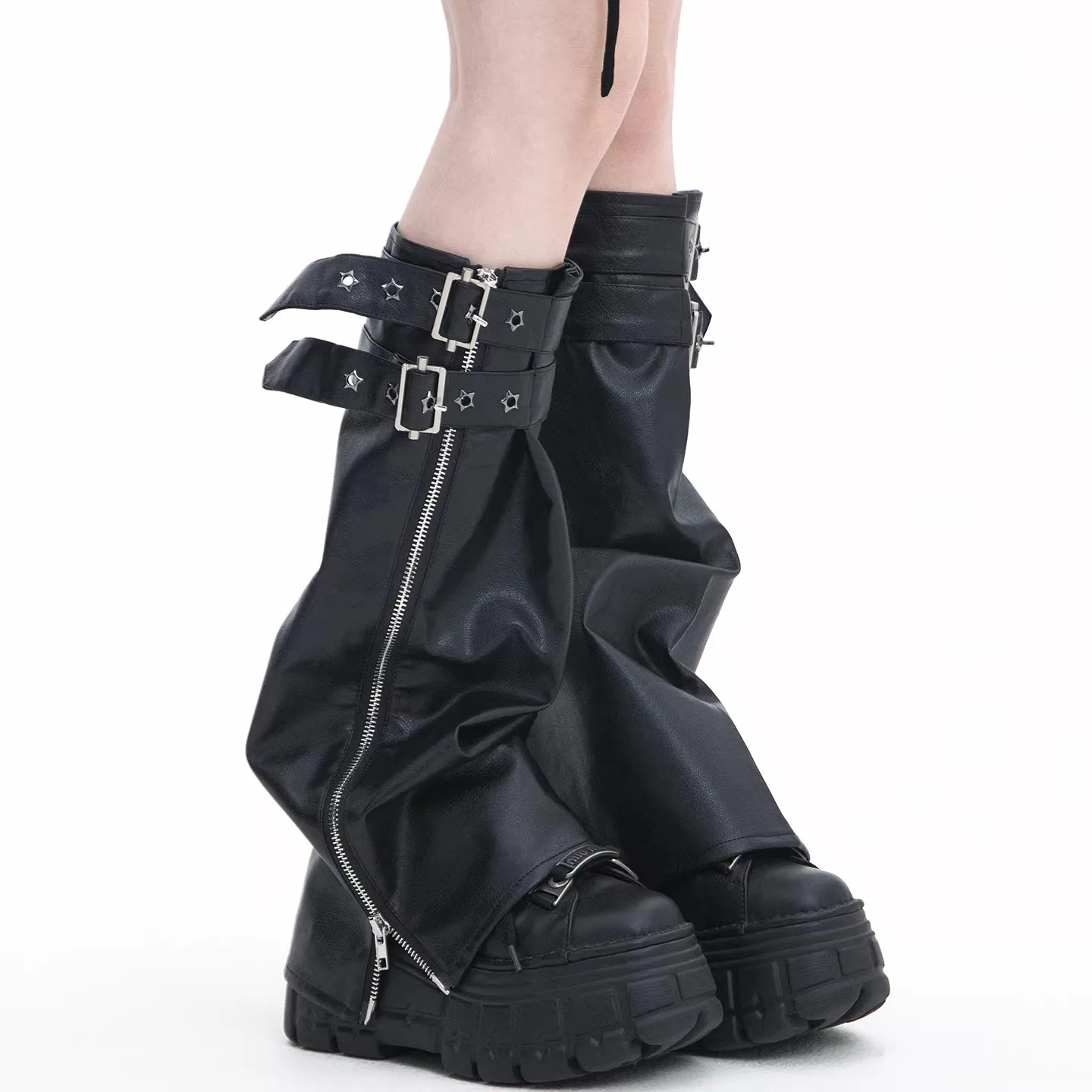 Women's Black PU Leather Zipper Leg Ankle Knee Sleeve Socks Over Knee Girls Fashion Dancing Punk Leggings Leg Warmer R2336