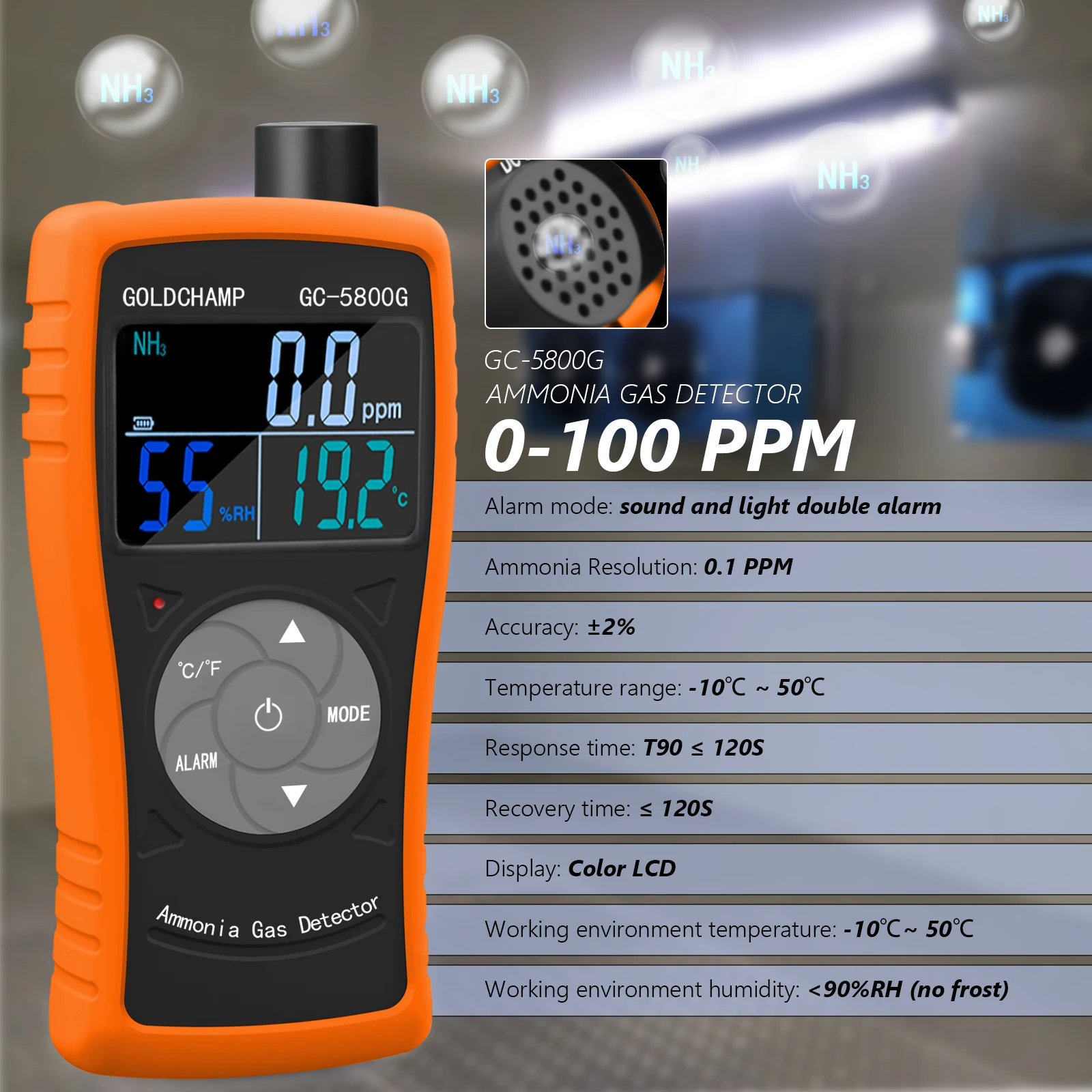 BTMETER Ammonia Gas Detector, 0-100 PPM NH3 Monitor with Temp & Humidity Sensor, Gauge Tester (Orange) BT-5800G