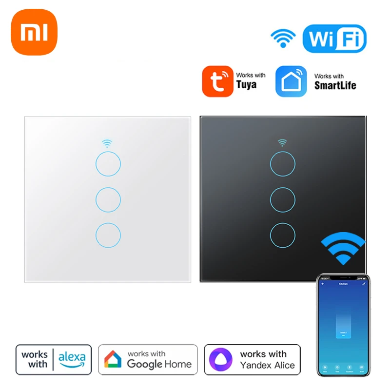 

Xiaomi WiFi Smart Switch Glass Screen Touch Panel EU 1/2/3/4 Gang Light Switch Works With Smart Life Alexa Google Home Alice