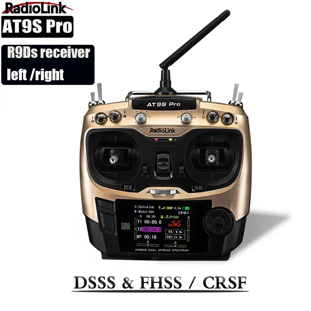 Radiolink AT9SPro 12CH 2.4G DSSS FHSS CRSF Transmissor de rádio mão esquerda direita com receptor R9DS para FPV Racing Drone Multicopter
