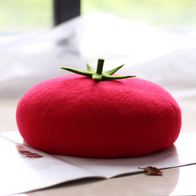 Autumn Winter Red Painter Hat Girl Sesame Seed Cake Hat Woolen Sweet Fruit Beret Lucky Persimmon