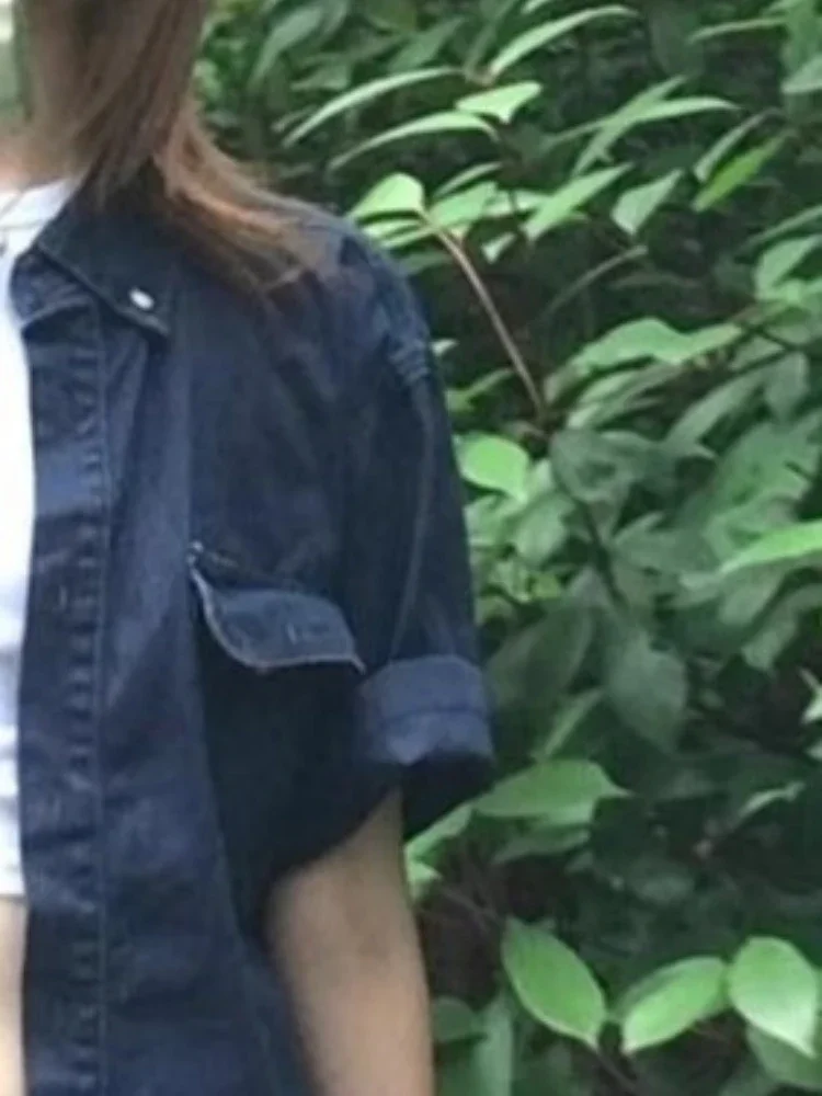 2025 Y2k الجمالية الدنيم جيب الجرونج قمصان النساء واحدة الصدر خمر البلوزات الرجال والنساء الصيف بلوزات فضفاضة ملابس خارجية #5