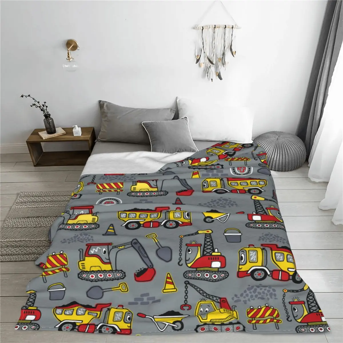 Funny Excavators Vehicles Cartoon Knitted Blanket Flannel Boy Loves Lightweight Throw Blanket for Car Sofa Couch Bedroom Quilt