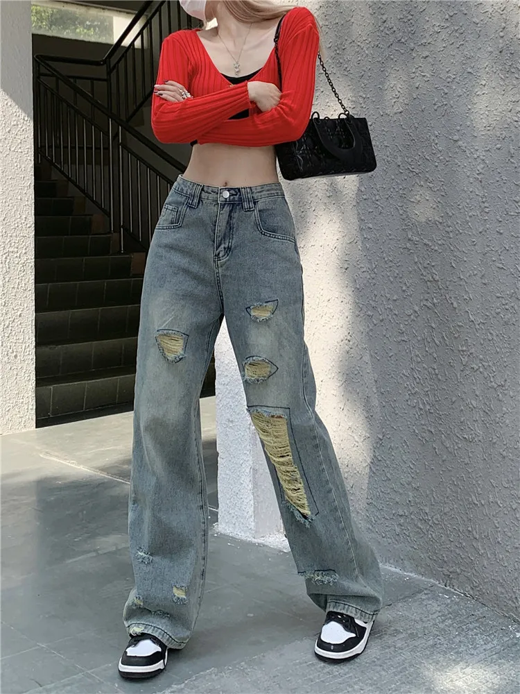 High Waist Slim Blue Jeans Women's Autumn And Winter Holes Straight Demin Trousers Loose Wide Leg Pants