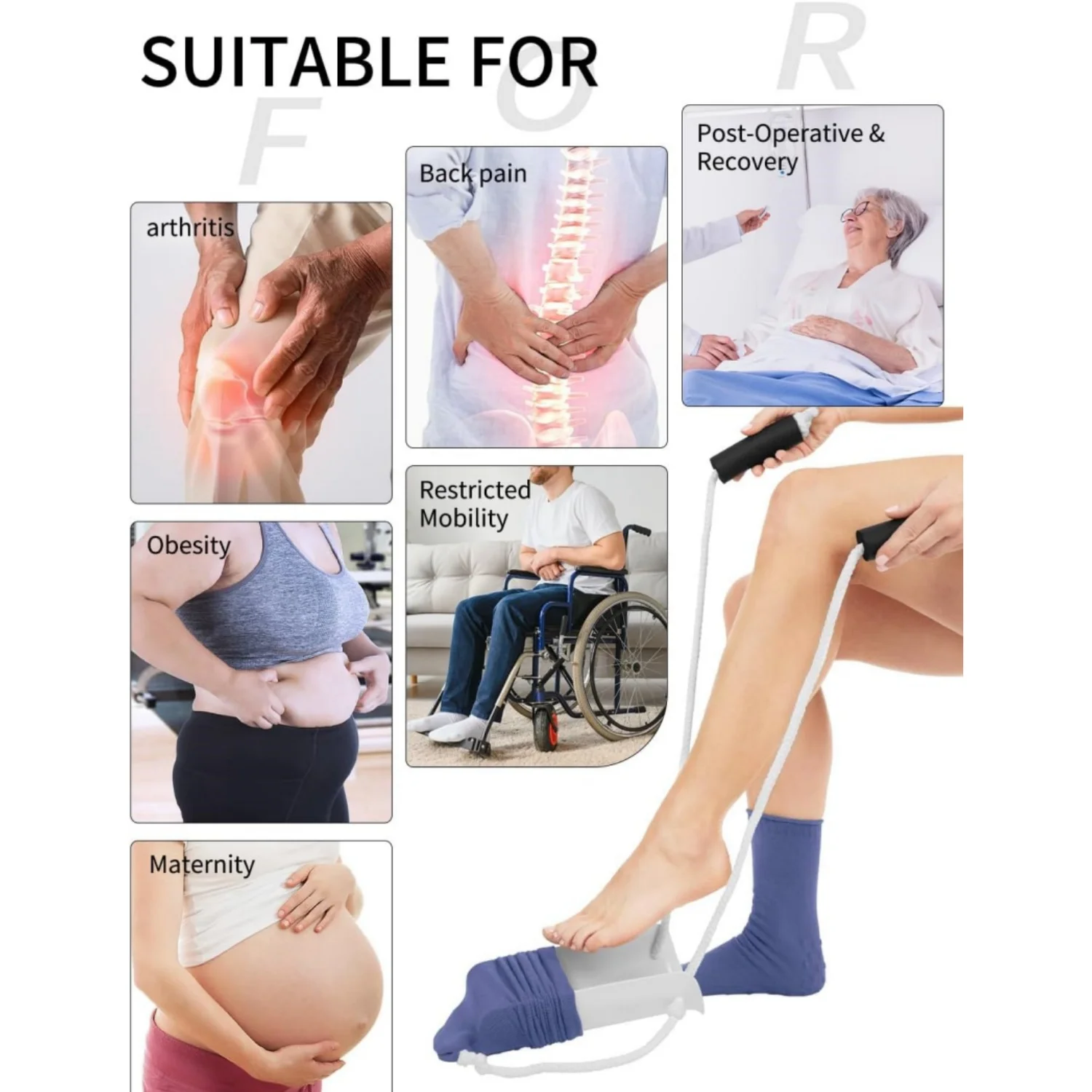 جورب مساعد لكبار السن مع مقابض إسفنجية سهلة الإمساك، مساعد تزيين لكبار السن، وضع الحركة المحدودة بسهولة على الجوارب