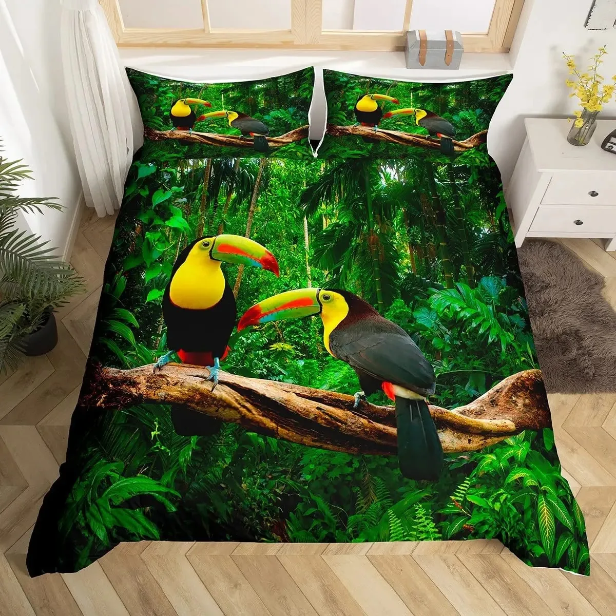 

3D Toucan Duvet Cover Set Safari Animals Bedding Sets Tropical Jungle Birds Comforter Cover,Boys Girls Fresh Nature Quilt Cover