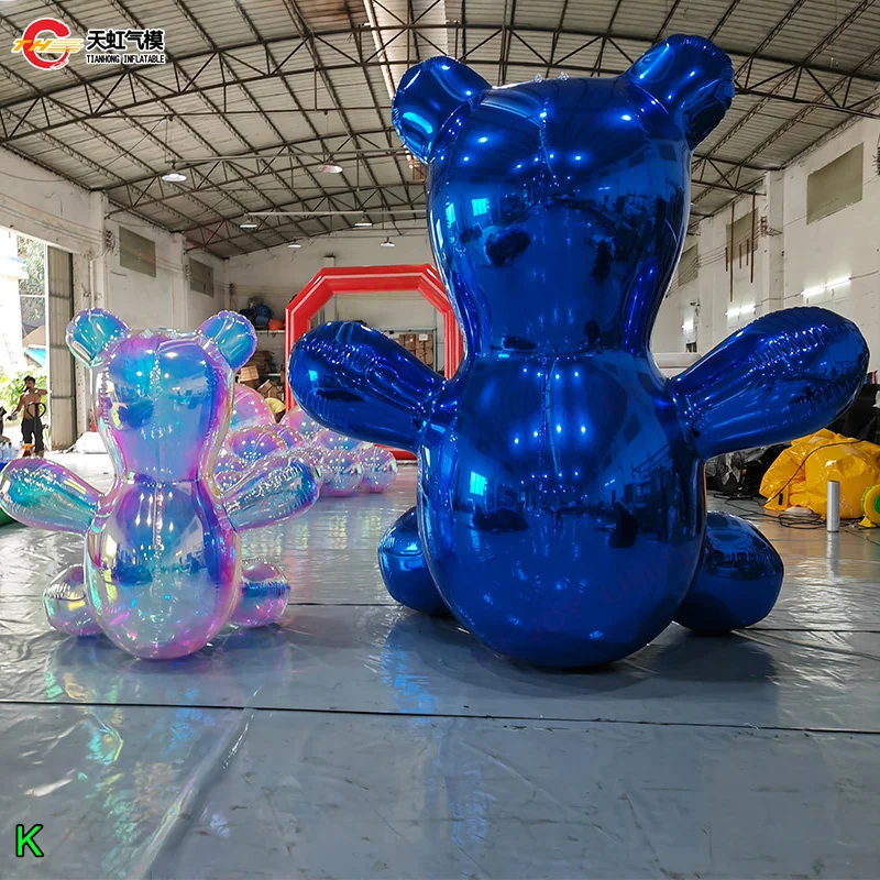 Prata brilhante pvc espelho reflexivo esfera bola inflável urso balão modelo dos desenhos animados para decoração de palco