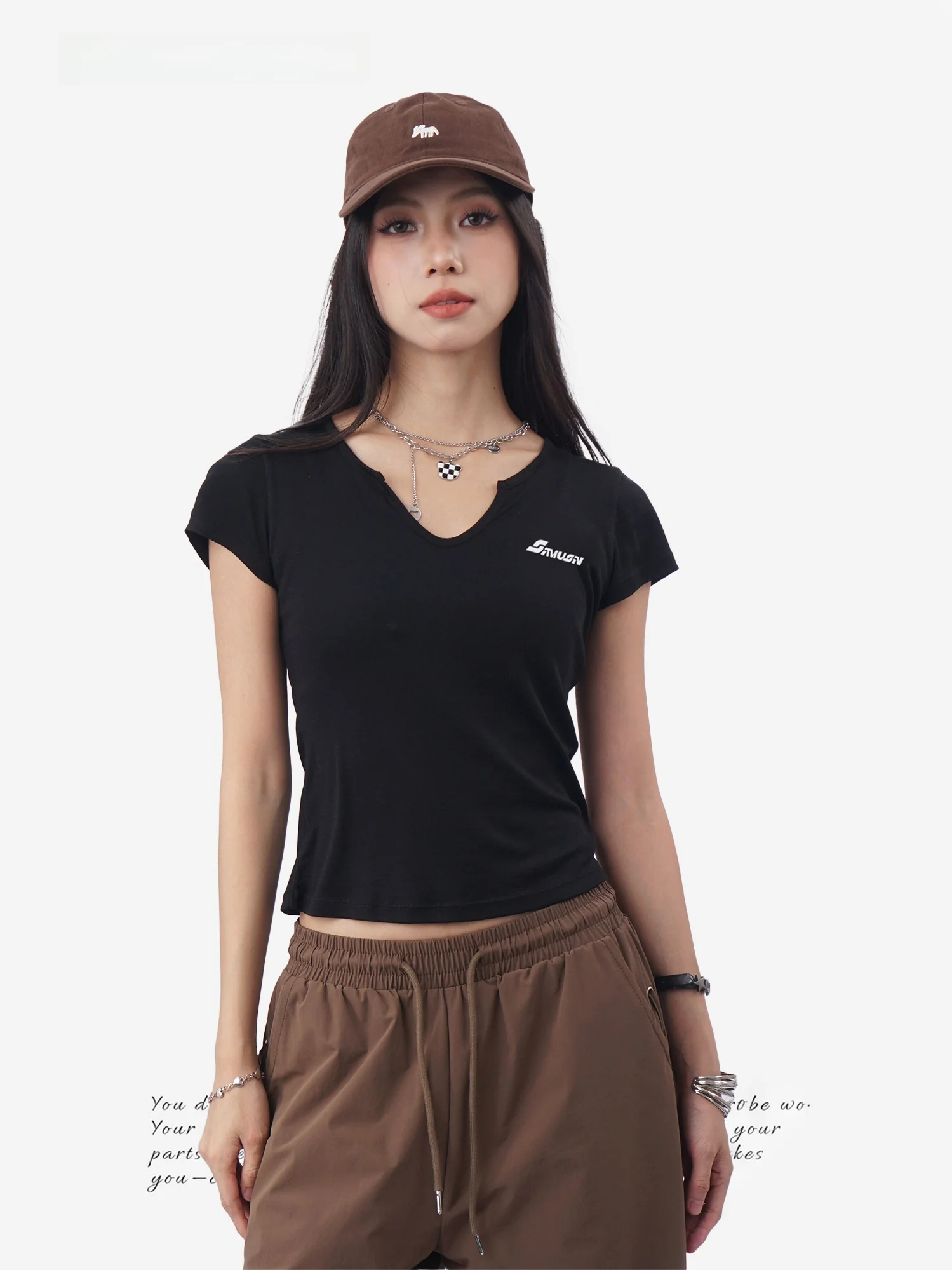 Short Sleeve V-Neck T-Shirt Women's Casual Style High Waist Design Printed Letter Oldwater American Hot Girl  Split Top