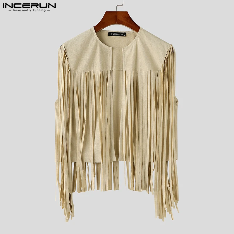 2024 INCERUN Men Tops Casual Solid Sexy Waistcoats Tassels Elegant Sleeveless Vests Vintage Style American Fashion Coats S-5XL