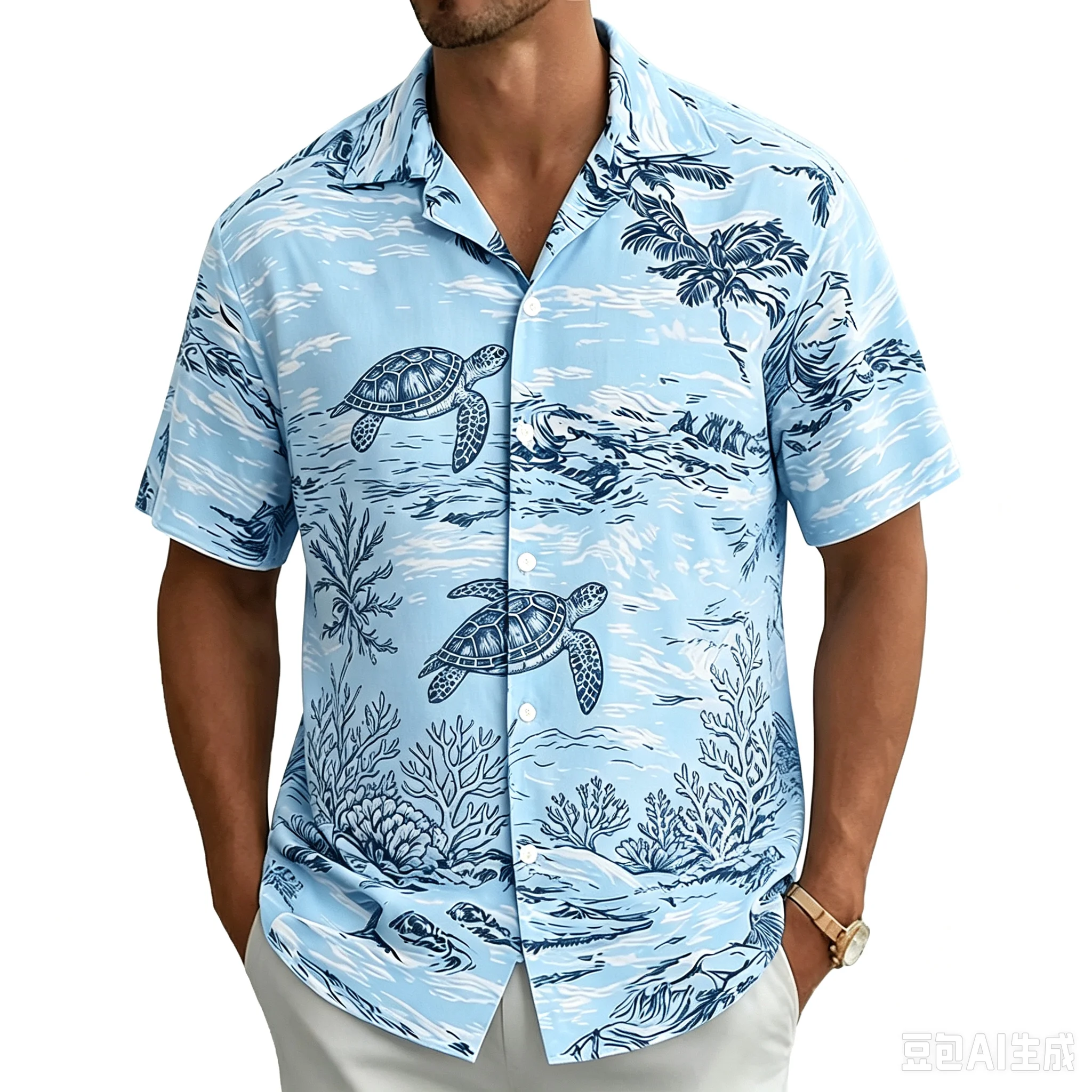 Men's Light Blue Tropical Palm Tree Print Short Sleeve Shirt, Casual Hawaiian Button Down with Ocean Design for Spring Summer